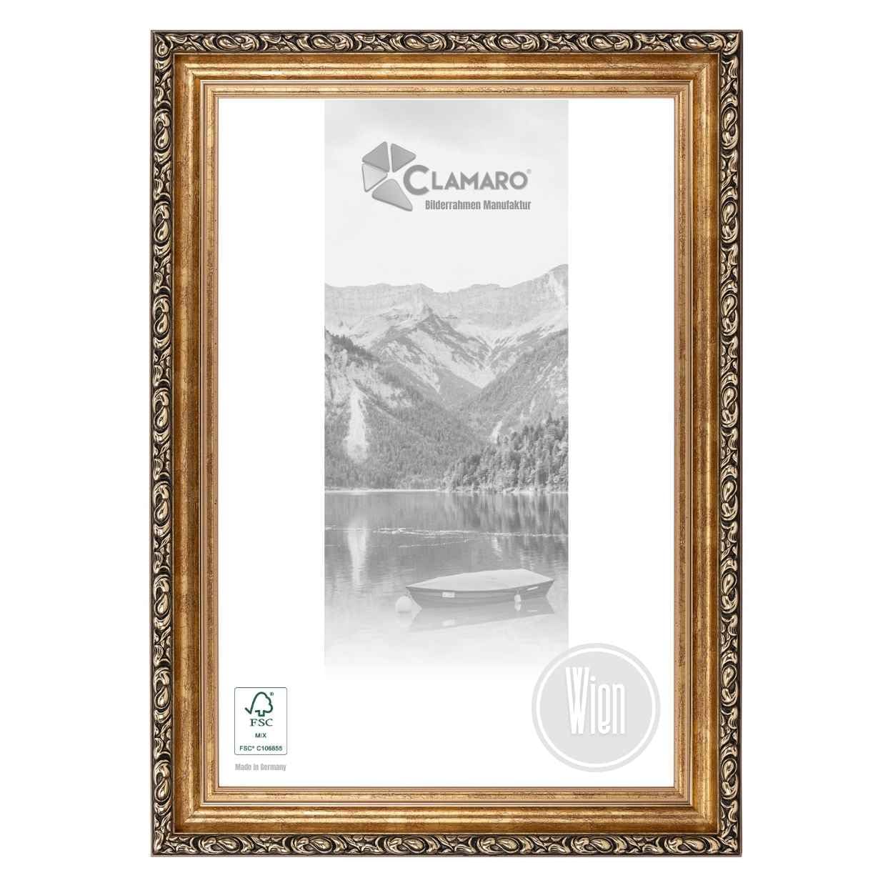 CLAMARO Bilderrahmen Wien Antik Barock Massivholz, 60 mm, 100x100 cm | Fichte, Acrylglas, HDF-Rückwand, Metallaufhänger, 43 mm tief, handgefertigt, Hoch- und Querformat