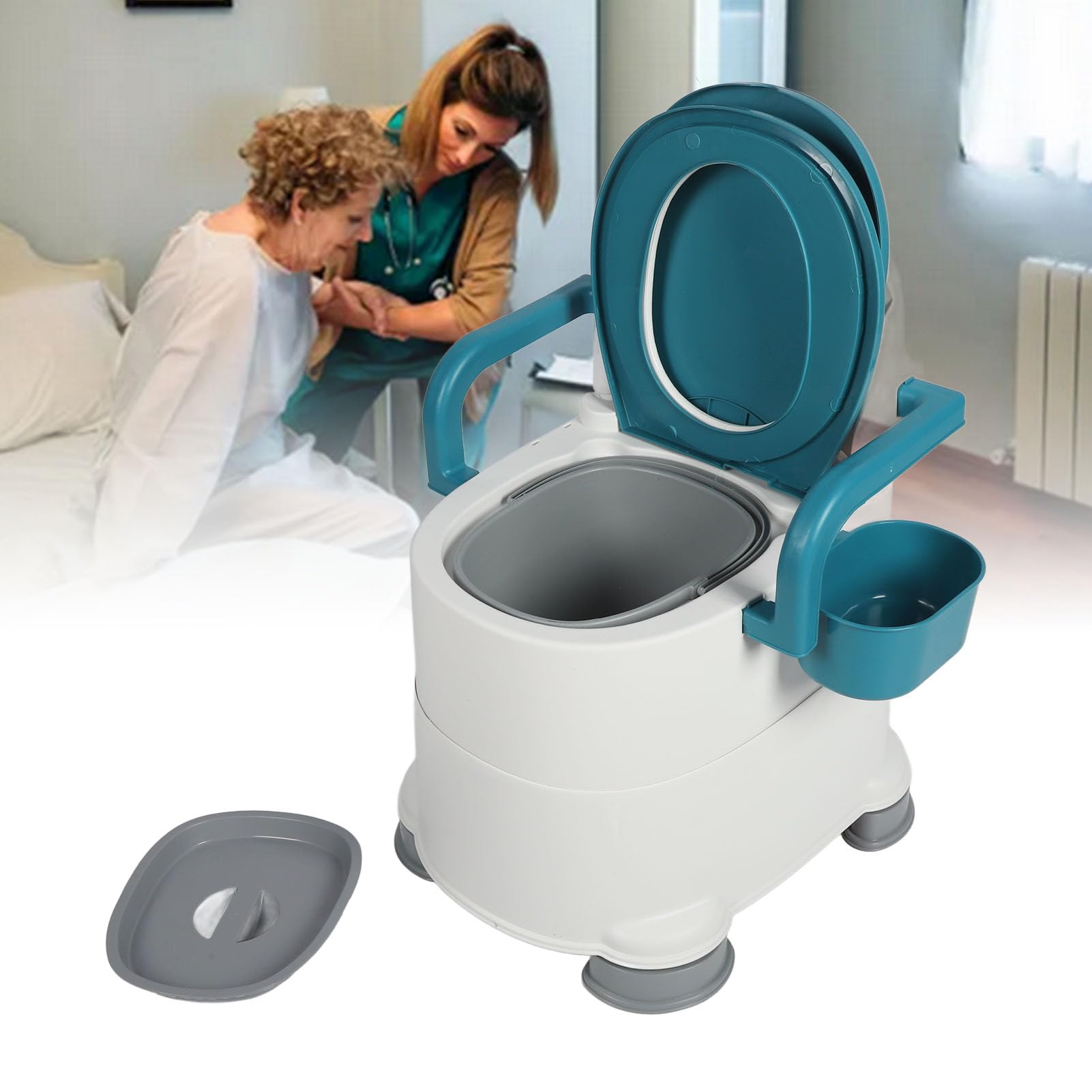 Chaise Percée de Chevet à Double Seau, Chaise de Toilette Portable Antidérapante, Accoudoirs Plus Larges, Dossier rembourré Doux, Chaise de Toilette de Chevet pour Personnes âgées