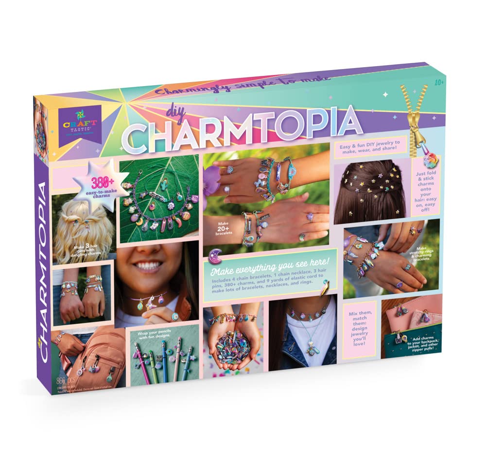 Craft-tastic — DIY Charmtopia — Craft Kit — Fun & Easy DIY Puffy Sticker Charms — Includes Materials to Design Bracelets, Necklaces, Hair Pins, Rings & More — Jewelry Making Gift - Ages 10+