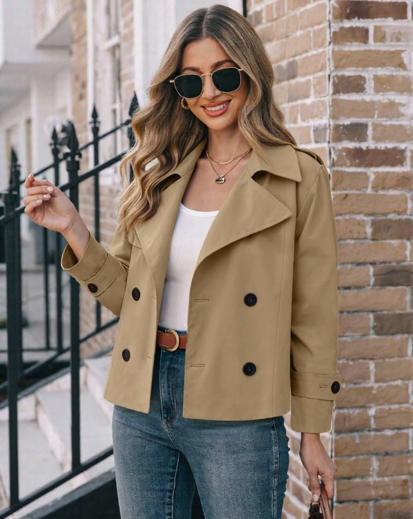 Muchpow Womens Cropped Trench Coat Casual Double Breasted Work Office Short Crop Coats Jacket with Belt - Image 3