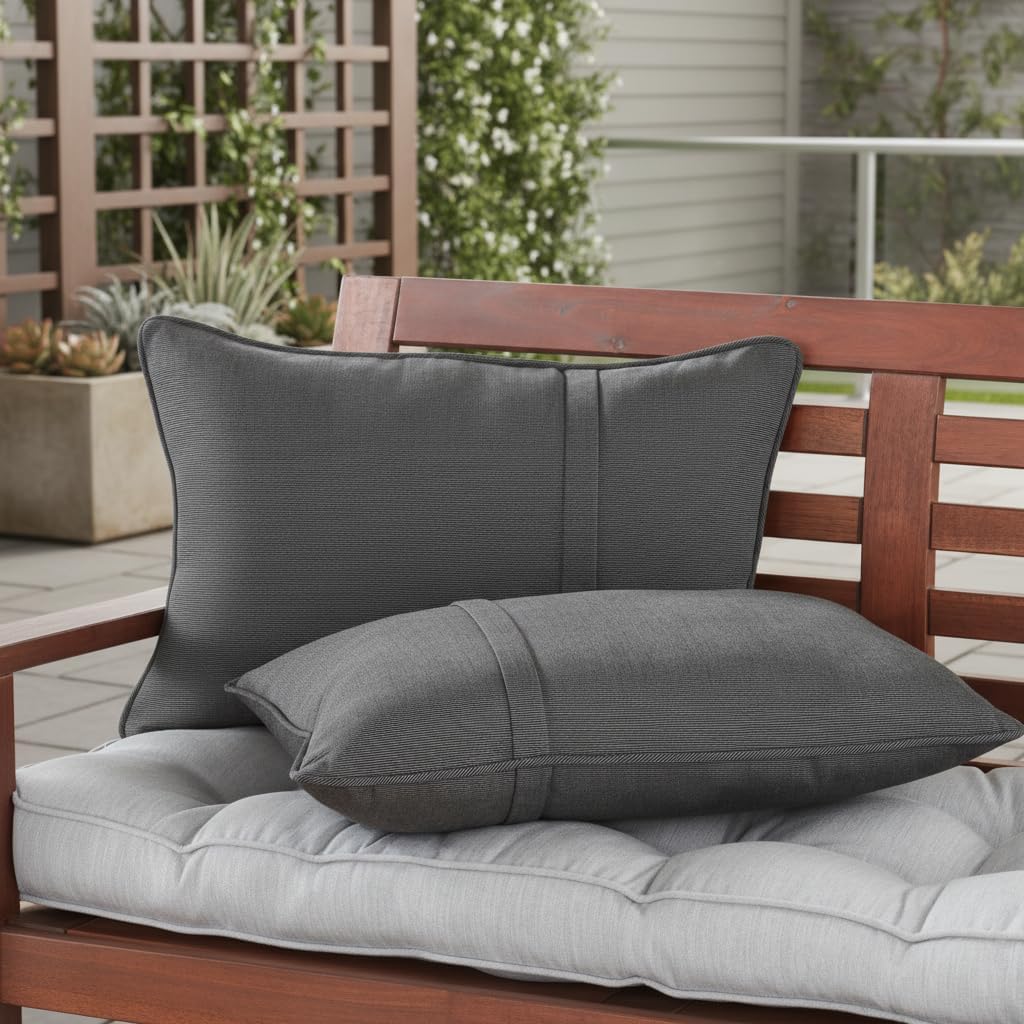 Sunbrella Rectangular Outdoor Throw Pillows 21x14 Set of 2 - Corded Lumbar Patio Accent Pillows with Pleated Design & Removable Zipper Covers – Weather & Fade Resistant Pillows, Canvas Coal