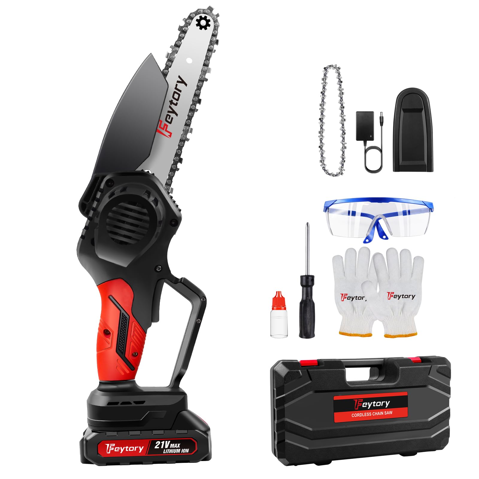 Mini Chainsaw Cordless 6 Inch with 1.5Ah Battery and Quick Charger, Powerful Electric Small Chain Saw with Security Lock, Wood/Tree Saw for Garden Trimming, Red