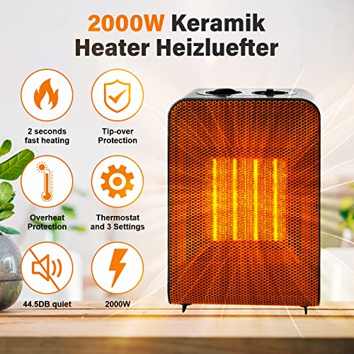 CXhome Ventilatorkachel, energiebesparend, keramiek, 2000 W, met 2 snelverwarming, bescherming tegen kantelen en oververhittingsbeveiliging, 3 modi, elektrische verwarming voor badkamer, kantoor, woonkamer - Afbeelding 3