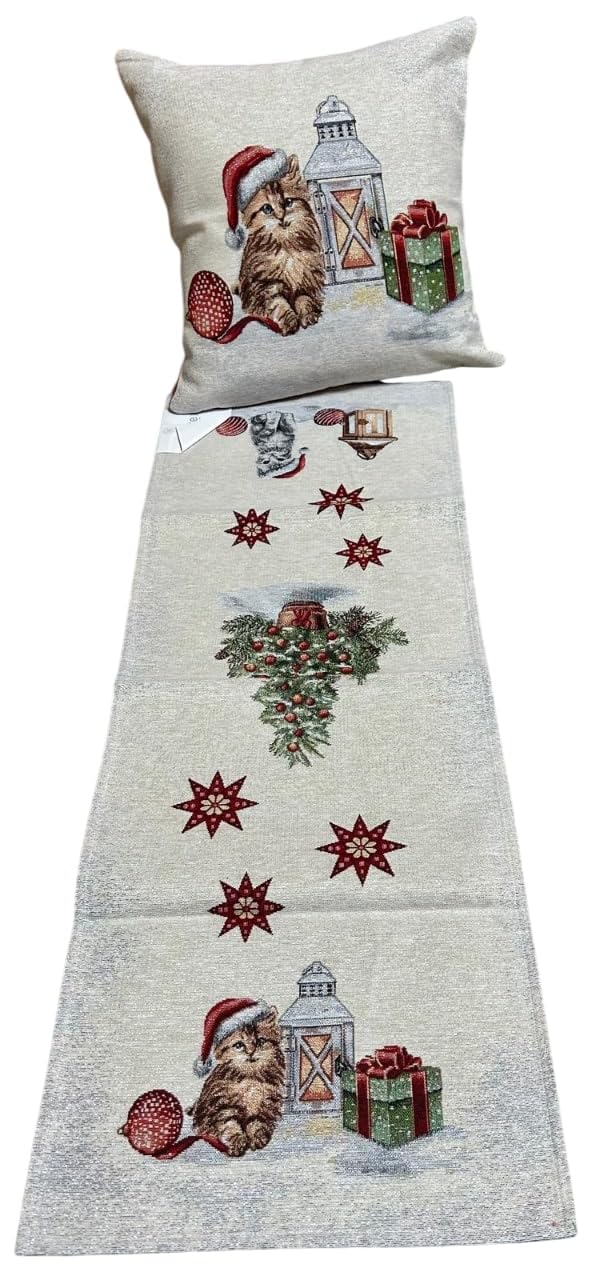 Chemin de table Chats de Noël et coussin en gobeline lurex