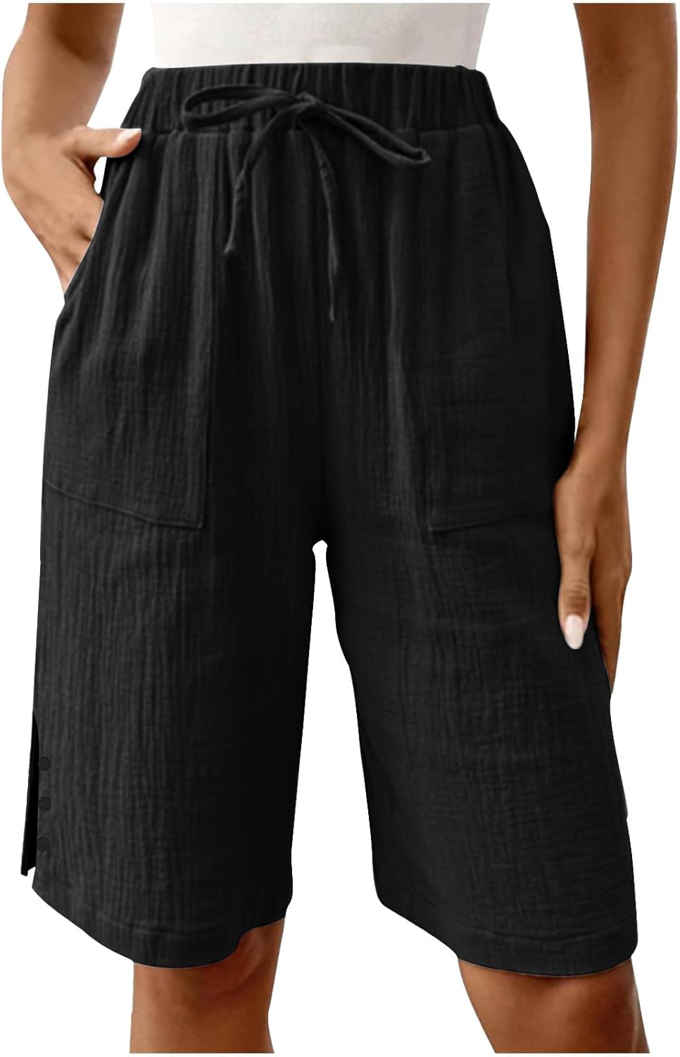 Women Casual Bermuda Shorts Summer Slit Hem Vacation Beach Shorts Drawstring Wide Leg Loose Bermuda Pants with Pocket