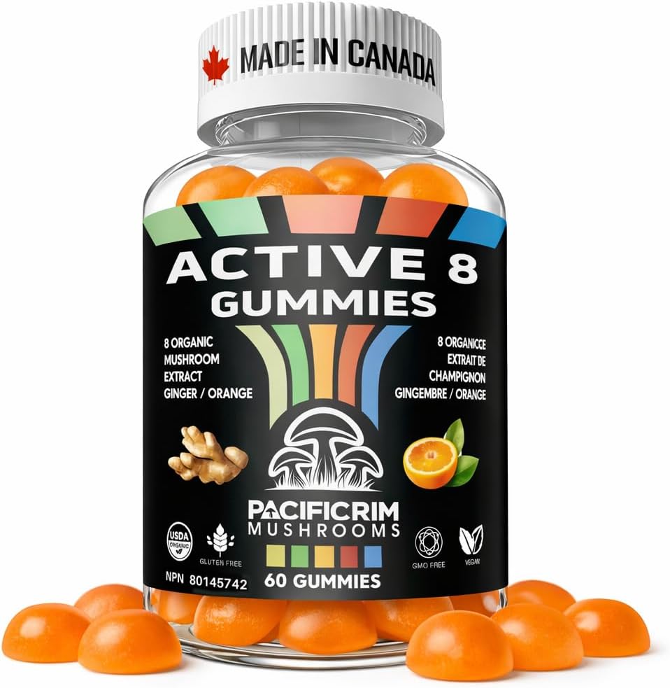 Pacific Rim Mushrooms Active 8 Organic Mushroom Gummies | Lion’s Mane, Reishi, Cordyceps, Chaga, Turkey Tail & More | Orange Ginger | Vegan Mushroom Supplement | 60 Gummies