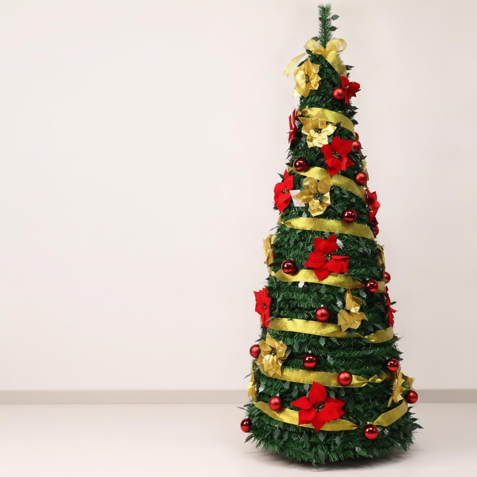 Buschig Künstlicher Weihtsbaum, 120cm Höhe 40cm Baumbreite | Geschmückt, Weihtsbaum mit Christbaumschmuck, Christbaum, für Schaufenster