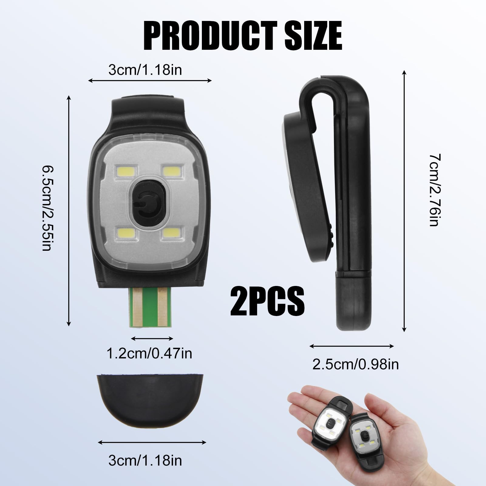 PRETTI 2 Pack LED Clip On Running Lights for Night Safety USB Rechargeable Hands-Free Flashlights with 3 Brightness Modes - Image 2