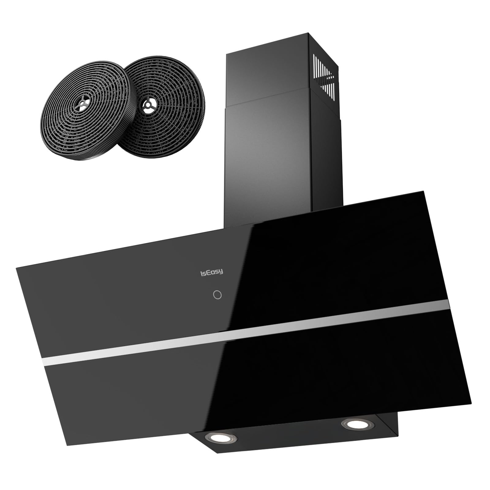 IsEasy Cappa Cucina 90 cm, Cappa Aspirante 90 cm con 578 m³/h Forte Aspirazione, 4 Livelli di Regolazione, Ricircolo e Evacuazione, Ritardo di Spegnimento 1-9 min, Funzione Memoria, Nero, 58 dB, A++