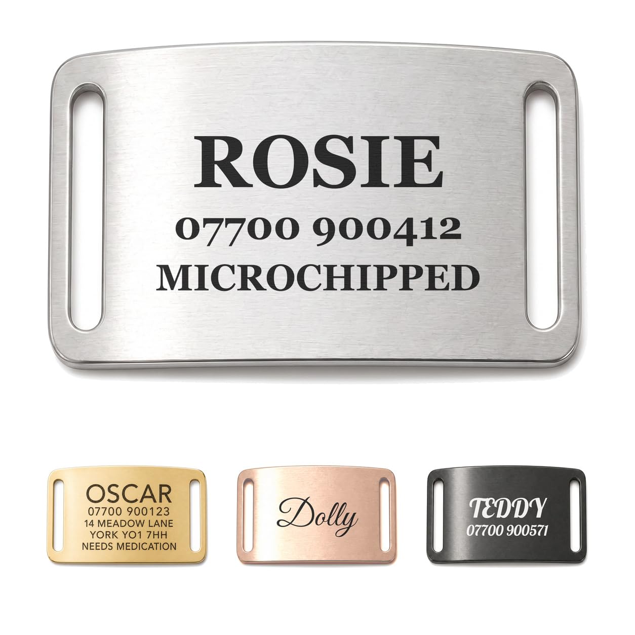The Stately Hound Slide-On Dog Tags for Pets Engraved UK, Silver, Large