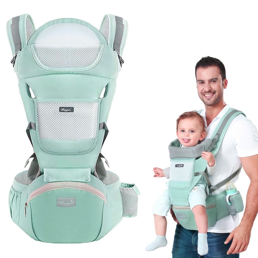 Snowie Soft 6 In 1 Green Baby Carrier With Lumbar Support For Baby With Pockets And Bib, 360 All-Position Baby Wrap Carrier Front And Back Backpack Carrier For Newborn Infant Toddler Under 30Kg