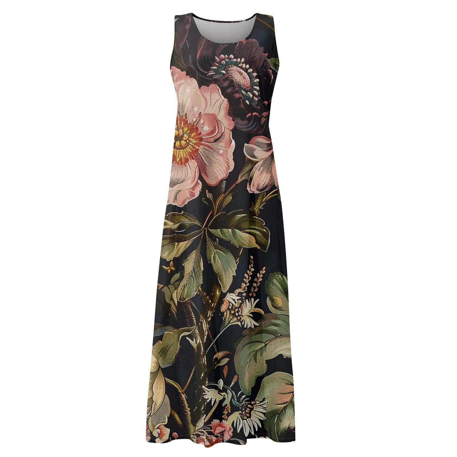 Femme Robe Longue Imprimé Floral Maxi Robe Bohème avec Poches sans Manches Grande Taille Pas Cher Chic éLégant Robe Fluide Tailles S à 3XL