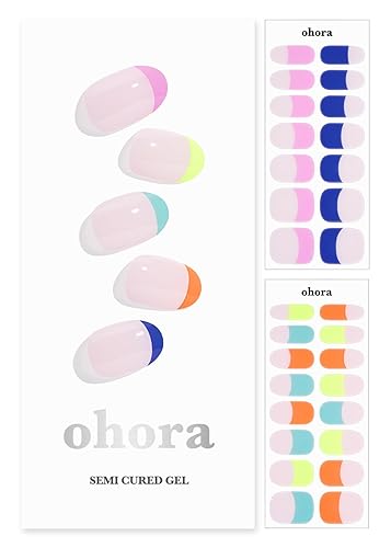 ohora Tiras de uñas de gel semicuradas (N Rainbow French), rango de tamaño extendido, funciona con cualquier lámpara de uñas, calidad de salón,