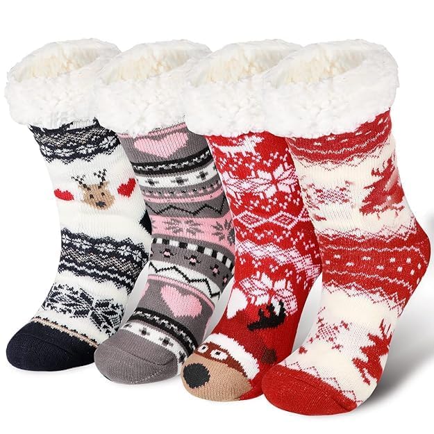 the dds store Any 2 Pair DESIGN Womens Winter Non-Skid Sherpa Fleece-lined Cozy Fuzzy Thermal Slipper Socks Winter fluffy Snowflake Fleece white soft fur Lining Knit Thick thermal Warm Christmas Slipper Socks-picture-24