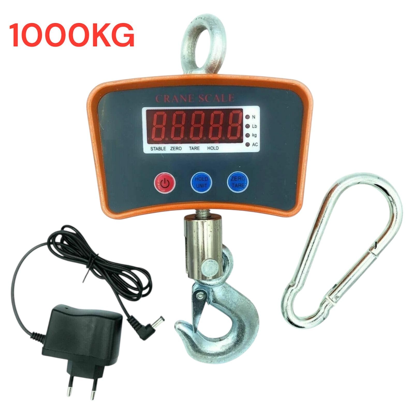 Bilancia a Gru, 1000 KG di Portata, Dinamometro Digitale ad Alta Precisione, Displey a LED, Gancio in Acciaio Inossidabile a Sospensione con Alimentatore, Funzione Tara e Hold
