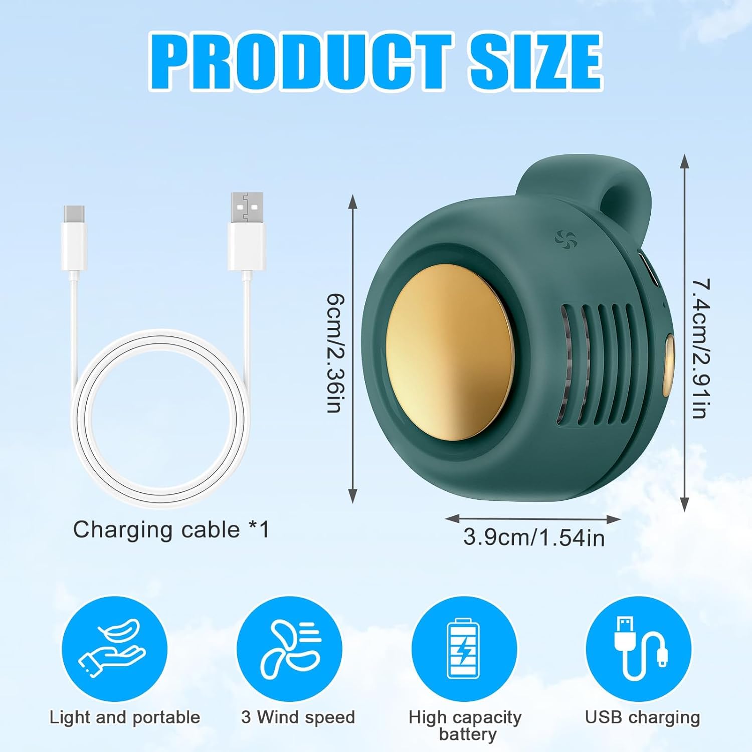 Mini ventilatore elettrico senza pale, portatile, silenzioso, a 3 velocità, con clip su vita e collo, ricaricabile, piccolo ventilatore elettrico da viaggio per esterni, viaggi, ufficio (verde)