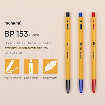 MONAMI BP 153 Retractable Ballpoint Pen, Medium Point (1.0mm), Black, 12-Count