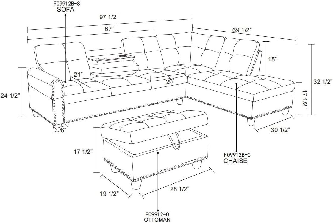 3-Piece Sofa Set Chaise+Sofa+Ottoman Black Faux Leather Synthetic Leather, with Decorative Copper Nails, Sofa with Reversible Coffee Table Cup-Holder(O)