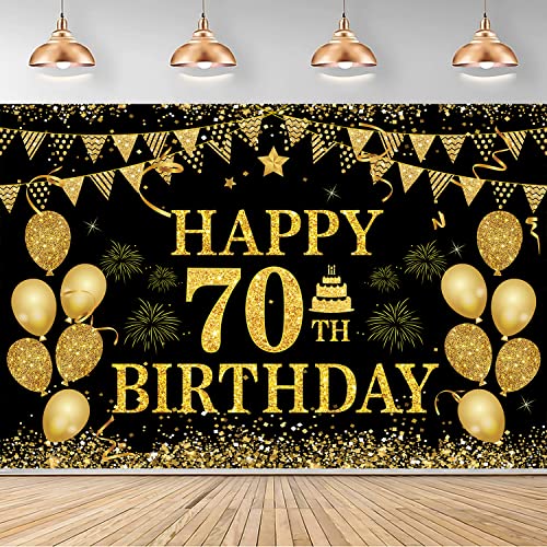 Image of 70th Birthday Decorations Happy 70th Birthday Banner for Men Women Black Gold 70 Years Birthday Party Decorations Background for Home Birthday Decor(71 x 45 inch)