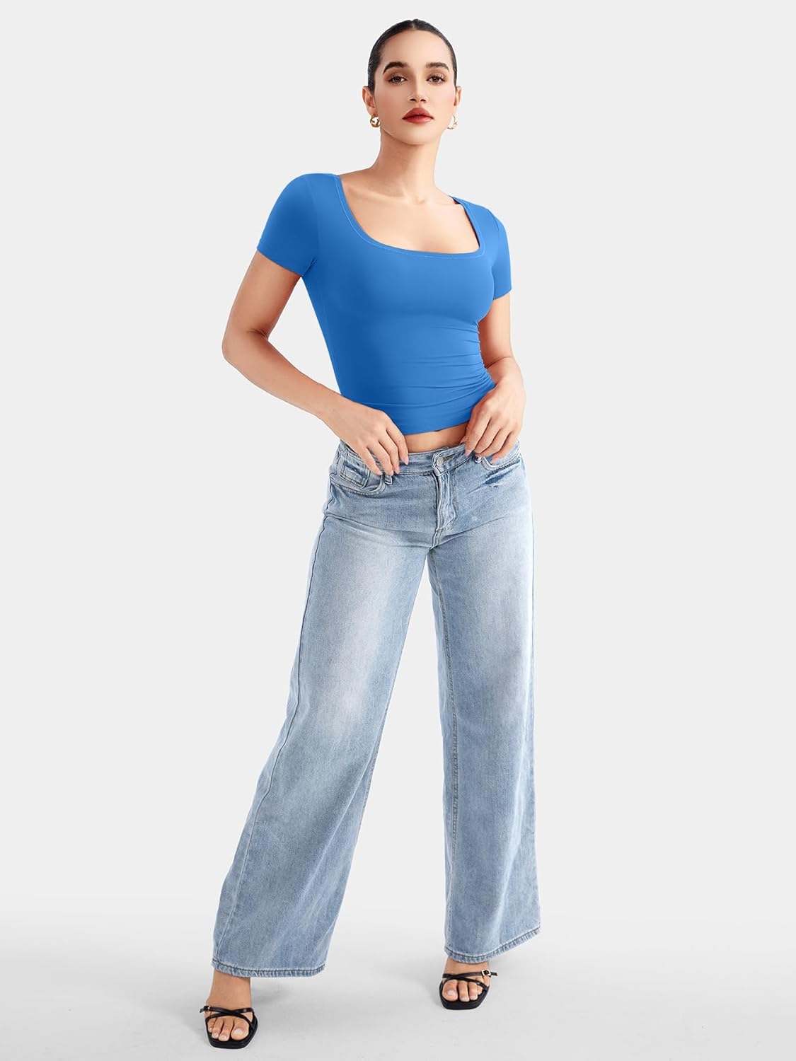 YEOREO Womens Tops Short Sleeve Going Out T Shirts Scoop Neck Slim Fit Double Lined Pattiy Crop Tops - Image 7