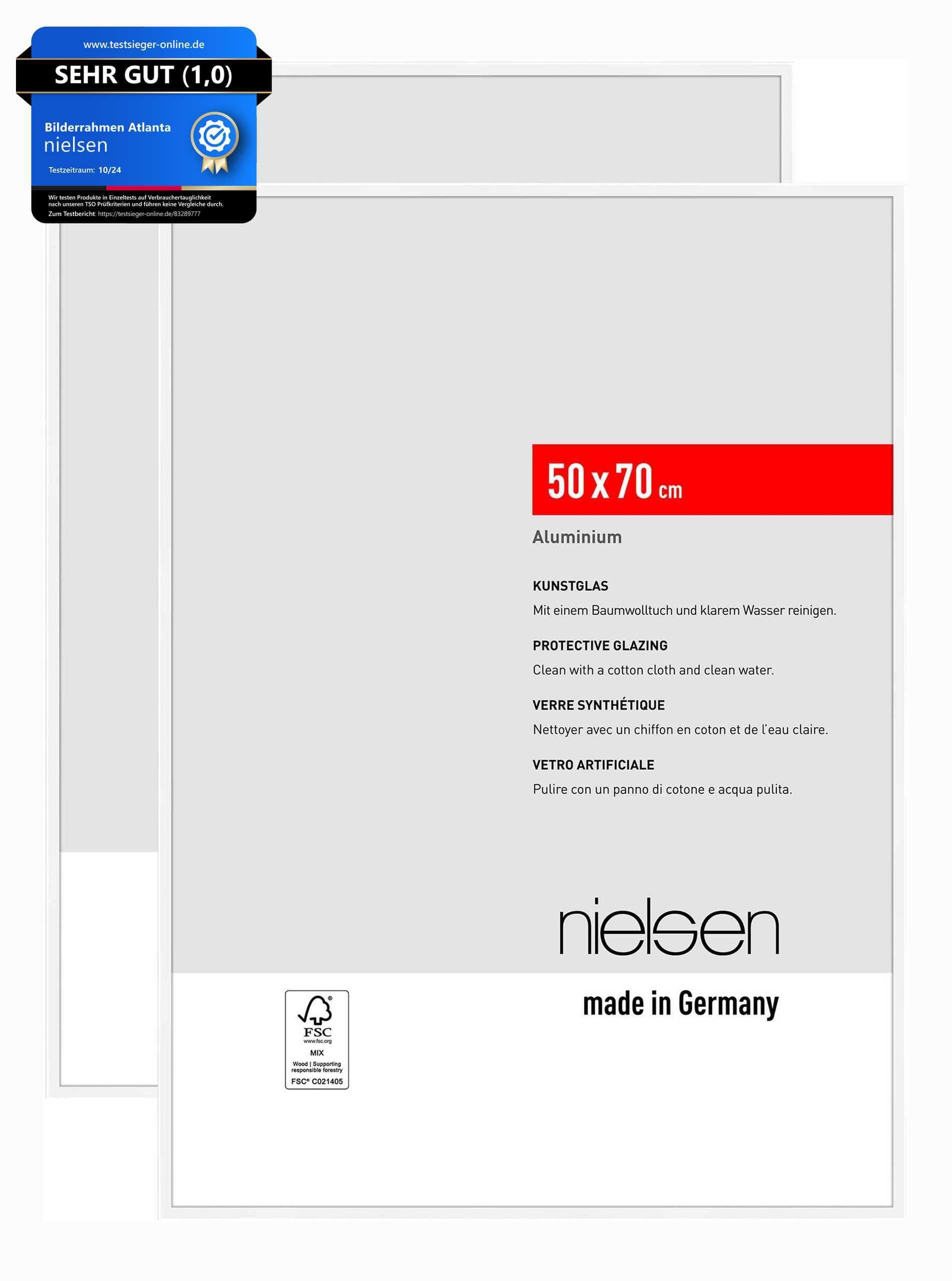 nielsen Bilderrahmen, 50 x 70 cm (2er Set), Aluminium, Weiß matt, Posterrahmen zum Aufhängen im Hoch- & Querformat, bruchsicheres Kunstglas, Atlanta