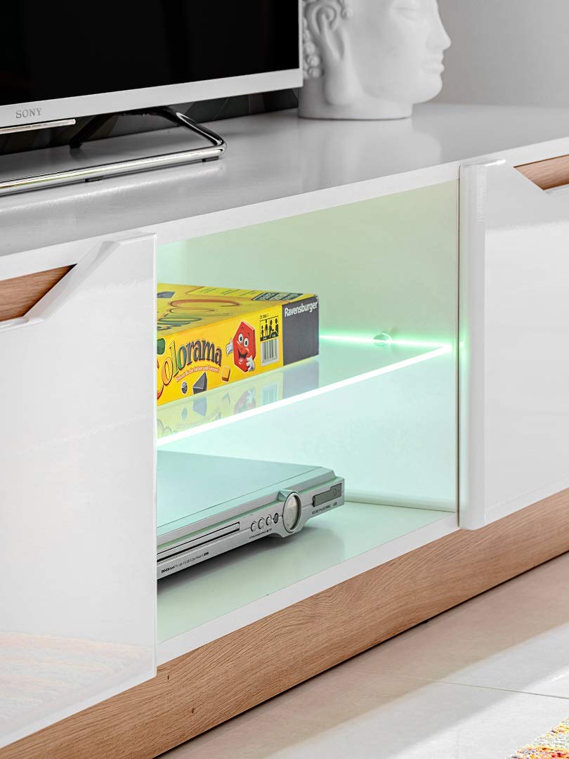 Generisch Wohnwand Fame Wohnzimmerset Wohnzimmer Wand Regal TV Wand Matt Hochglanz Vitrinenschrank Lowboard Wandregal mit LED (Weiss/Artisan Eiche)