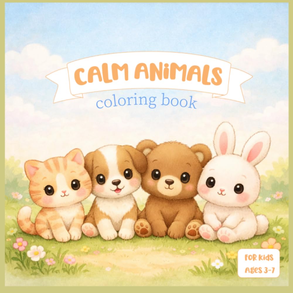 Calm Animals Coloring Book: Cute and easy drawings to relax for kids 3-7