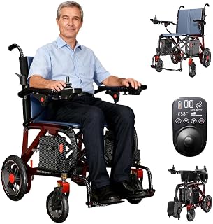 Silla de Ruedas Eléctrica de Fibra de Carbono, 400W Motor Sin Escobillas, Batería de Litio 20AH, con Asistencia Anti-Vuelco, Reposabrazos Abatibles, Bolsa de Almacenamiento, luces LED