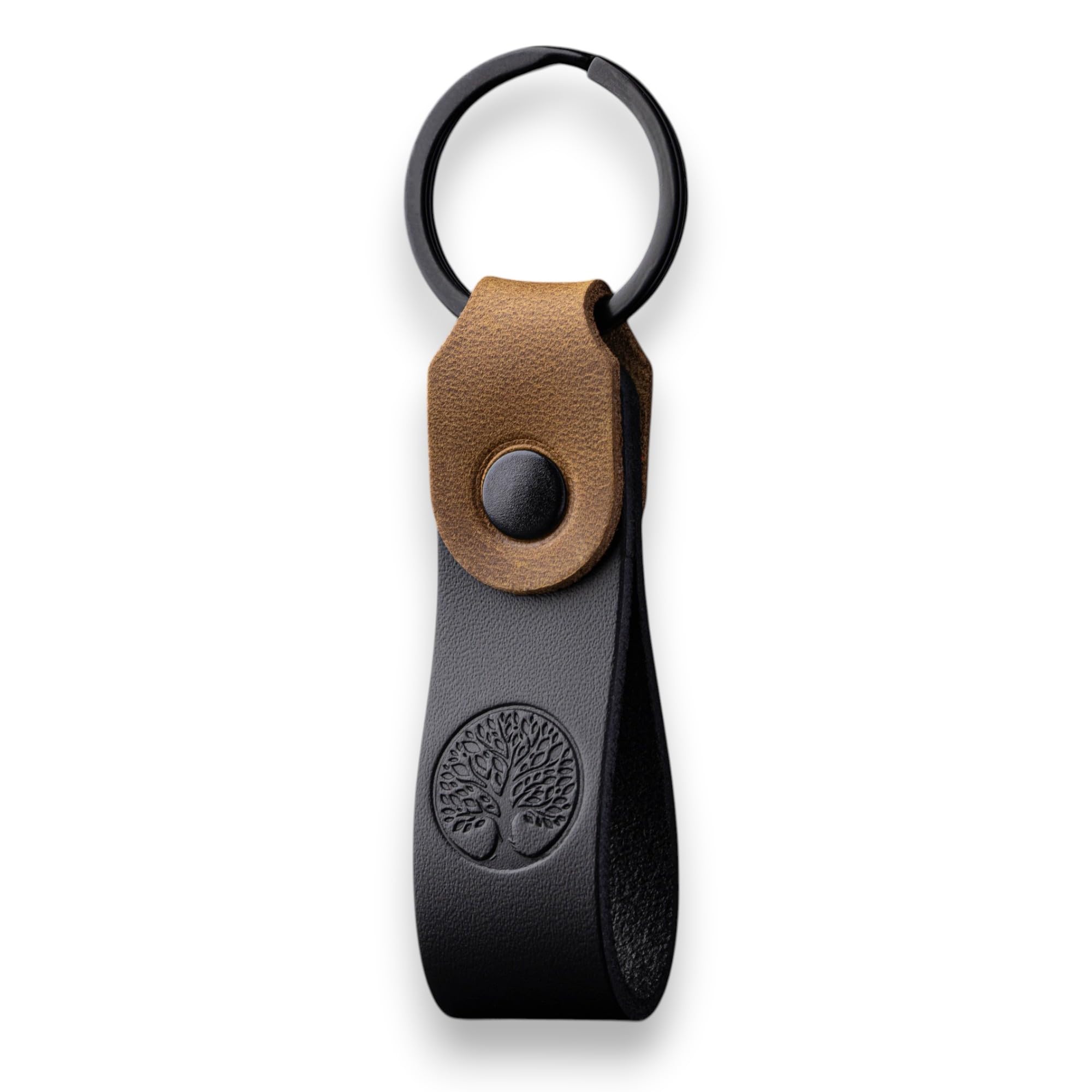 MAGOR Compact Leather Keyring for Men & Women – Personalised Black Full Grain Leather Keychain with Black Crazy Horse Accent, Car Keyring, Hot Embossed Design, Gift for Him Her Mum Dad (Tree of Life)