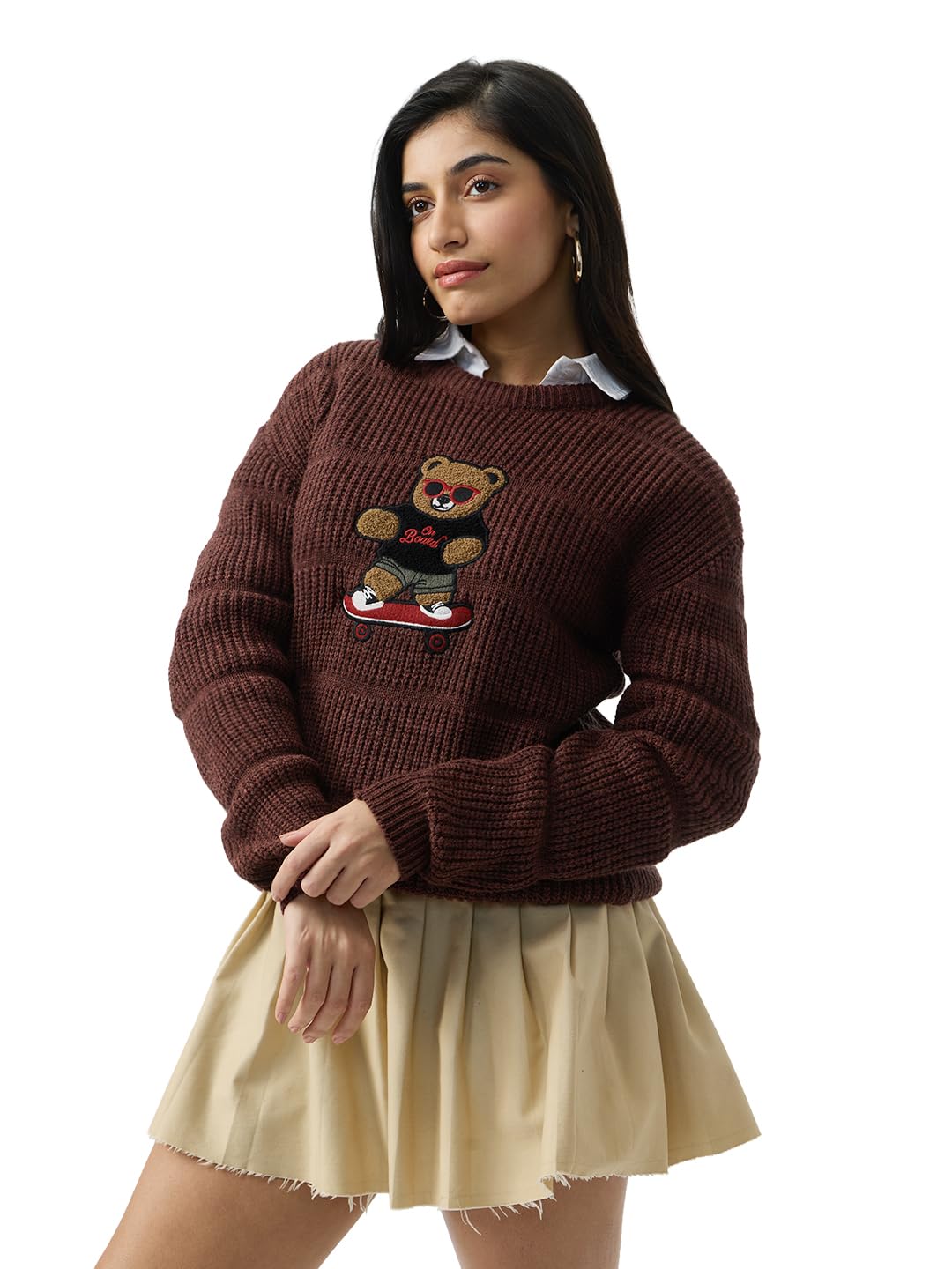 the souled store Skater Bear Women Girls Full Sleeves Round Neck Dark Brown Animal Embroidered Acrylic Oversized Fit Casual Winter Pullover Sweater-picture-30