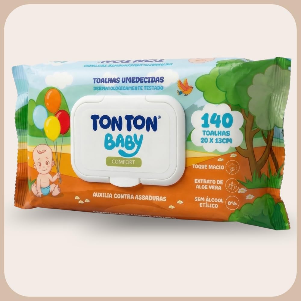 Ton Ton Baby Comfort Toalhas Umedecidas, com Aloe Vera, Sem Álcool, 140 Lenços/Toalhas
