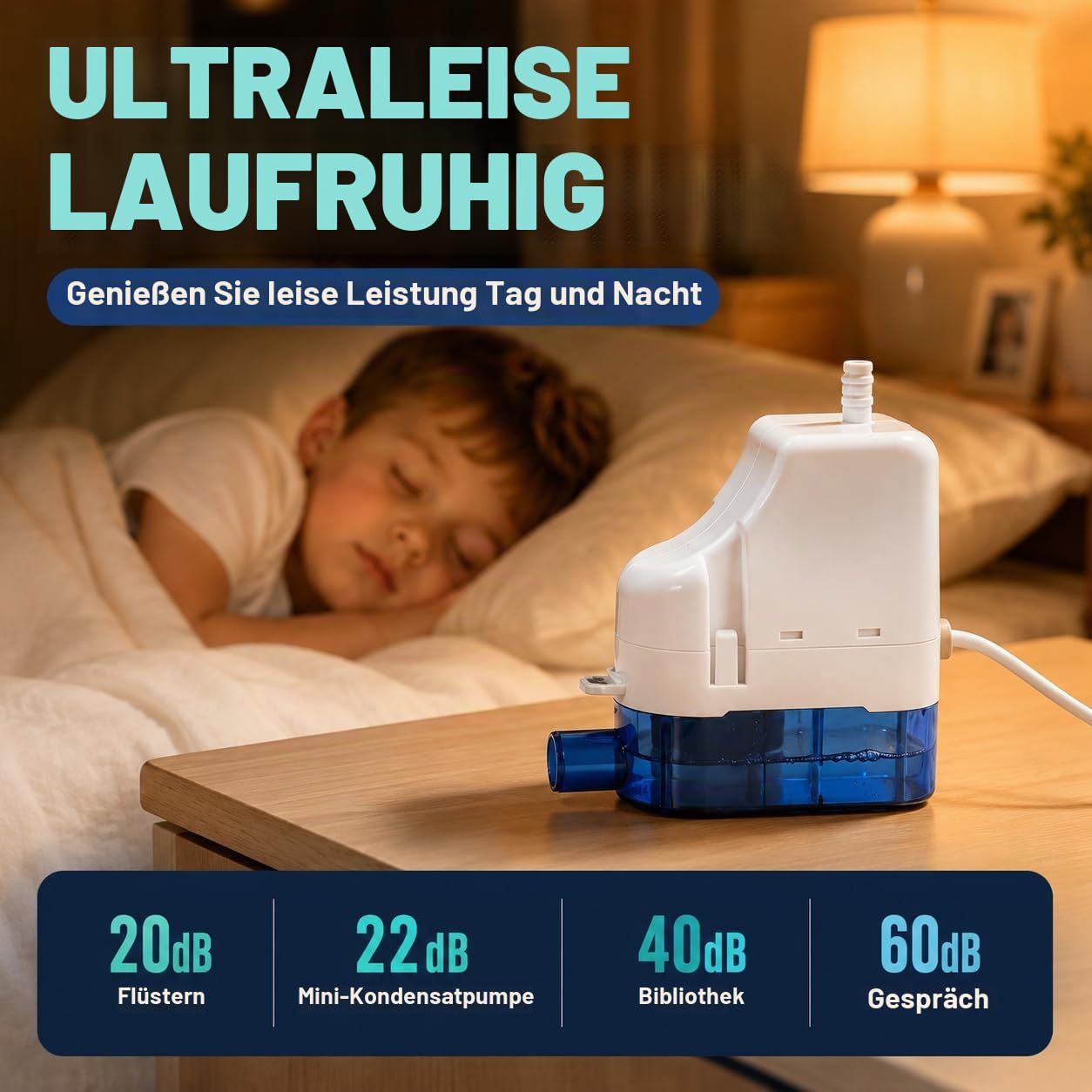 Kondensatpumpe, 10 m Förderhöhe, 24 l/h Fördermenge, automatische Kondenswasserpumpe für Klimaanlagen, 100–230 V, extrem leise (22 dB) für Klimaanlagen, Heizungen und Luftentfeuchter