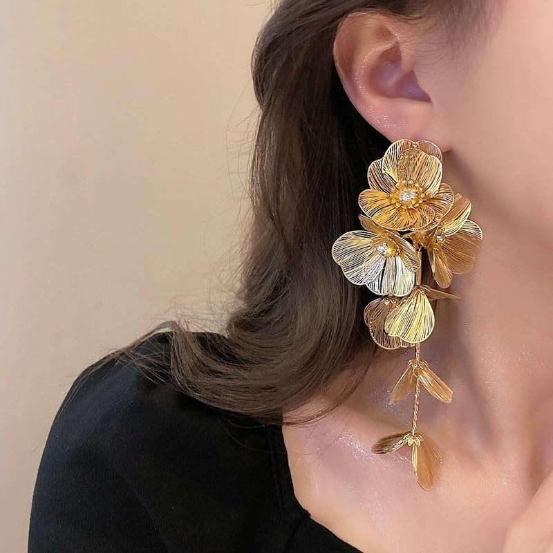 Gold Statement Large Dangle Flower Earrings for Women Dangling Boho Big Long Floral Drop Chandelier Earring Unique Hippie Prom Vacation Jewelry Trendy - Image 2