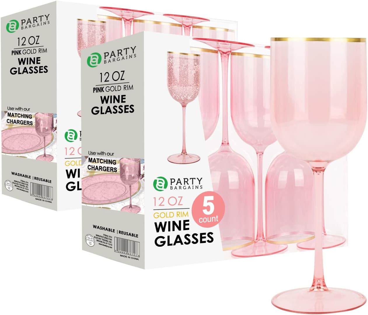 PARTY BARGAINS 12 oz Disposable Plastic Wine Goblets, Shatter-Resistant BPA-Free Stemmed Wine Cups for Weddings, Events & Outdoor Entertaining, Pink Gold Rim, 10 Pack