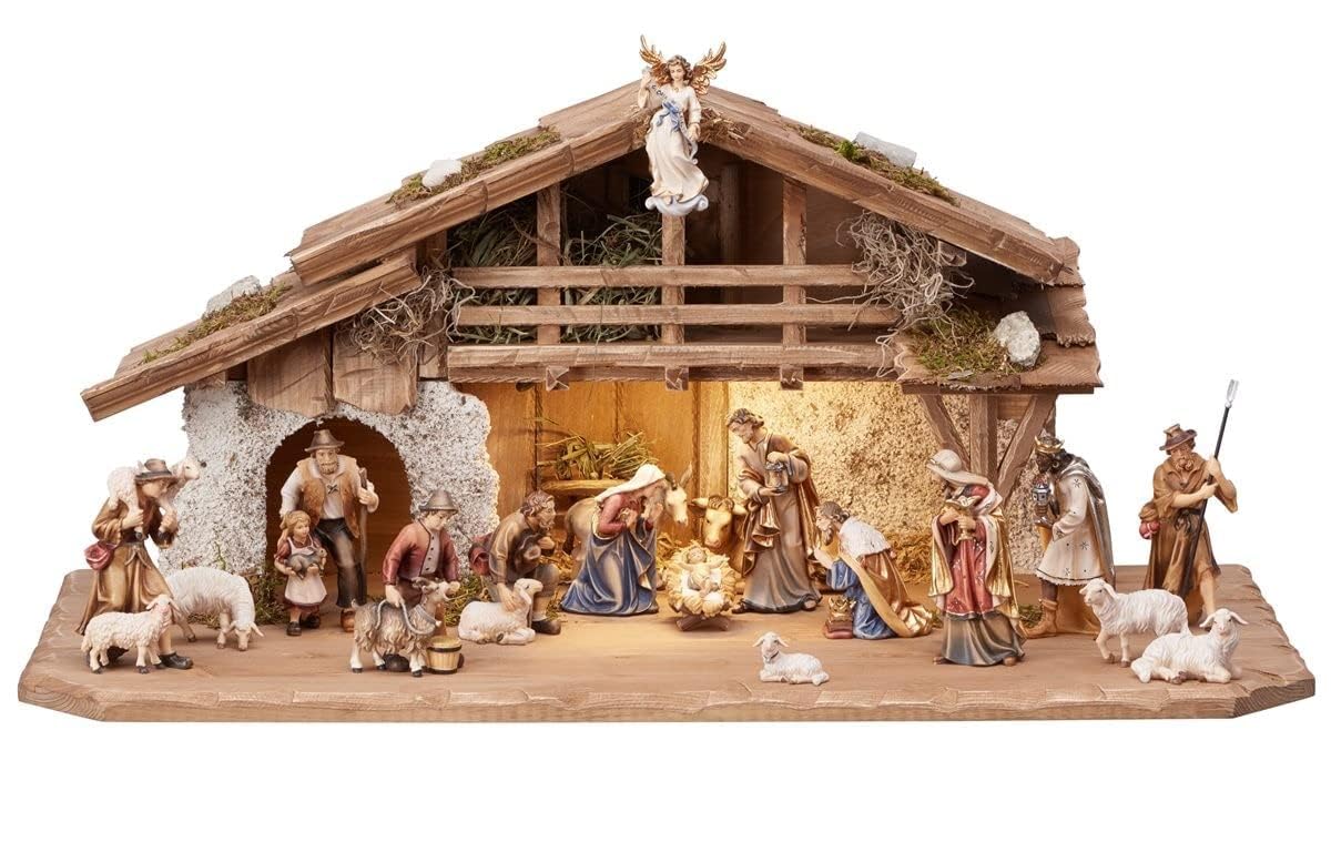 OVUNQUE PROTEGGIMI Set Presepe Completo in Legno con capanna Alpina e Luce Composto da 20 Pezzi, Rifinito Interamente a Mano in Val Gardena Versione con statuine Colorate (Altezza Giuseppe cm 16)