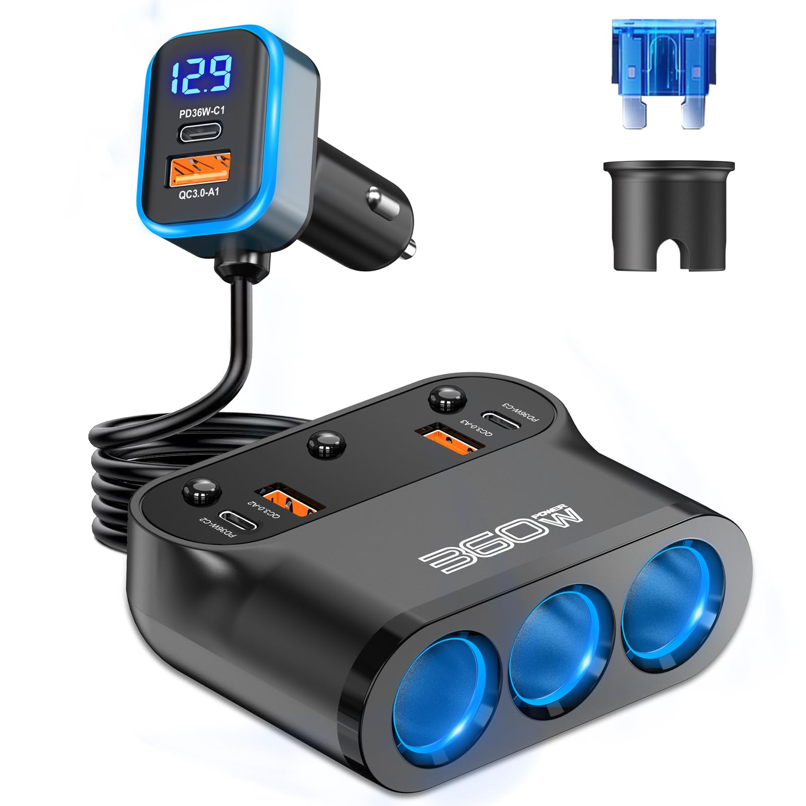 Qidoe Sdoppiatore Accendisigari Auto 6 In 1 – 3 Prese 12V/24V + 3 Porte USB (Type-C E USB-A) – Caricatore Con LED Blu - 3