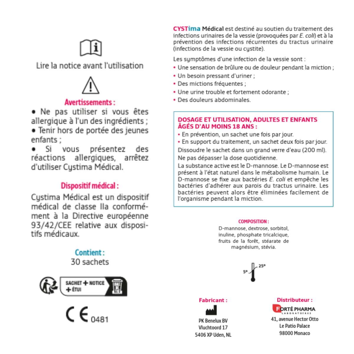 Forté Pharma - Cystima Medical - Dispositif medical - Cystites, infection urinaire femme, Prévention et traitement - D mannose d'origine végétale - Solution 100% naturelle - 30 Sachets, 1-2/jour