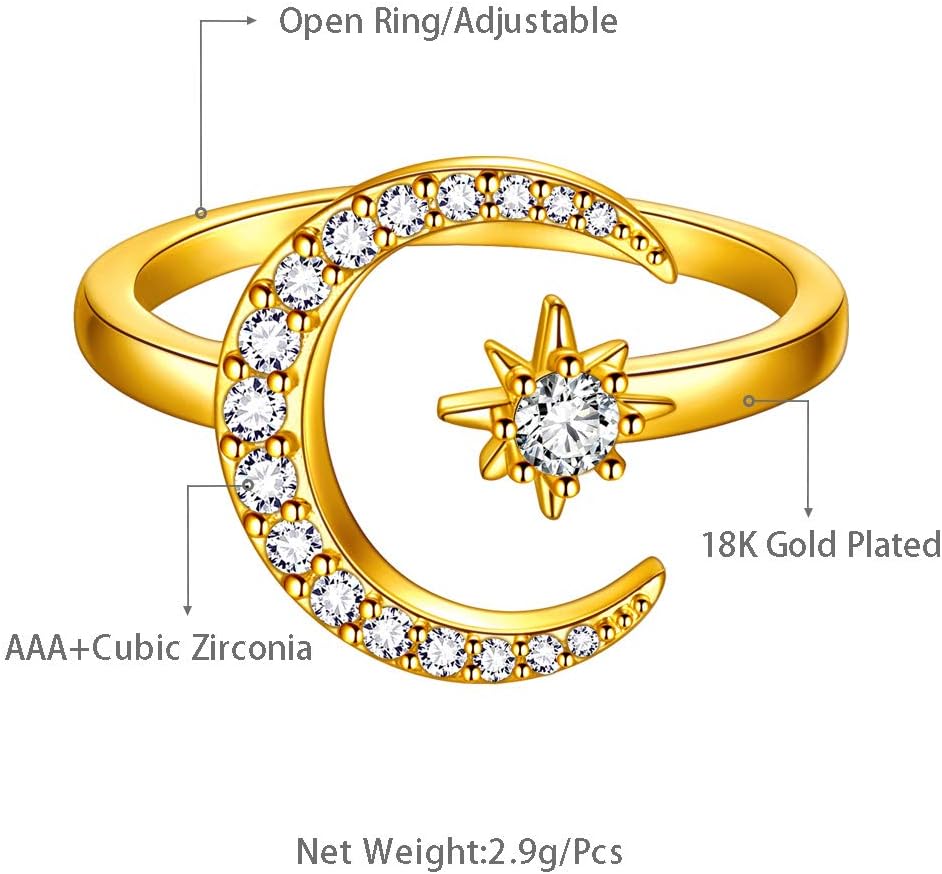beautlace Star and Moon Adjustable Rings 18K Gold/Silver/Black Gun Plated Crescent Moon Stars Open Ring Jewelry for Women KR0032 - Image 6