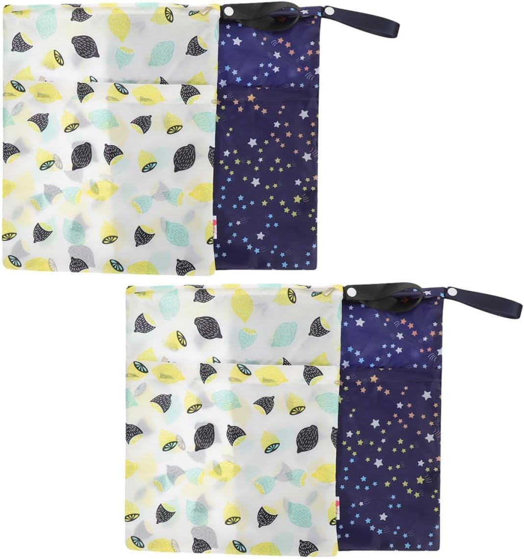 HANABASS 4pcs Reusable Waterproof Wet Dry Bags for Cloth Diapers with Zippered Pockets, Washable Diaper Storage for Travel, Beach, Pool, and Stroller – Lemon and Star Print