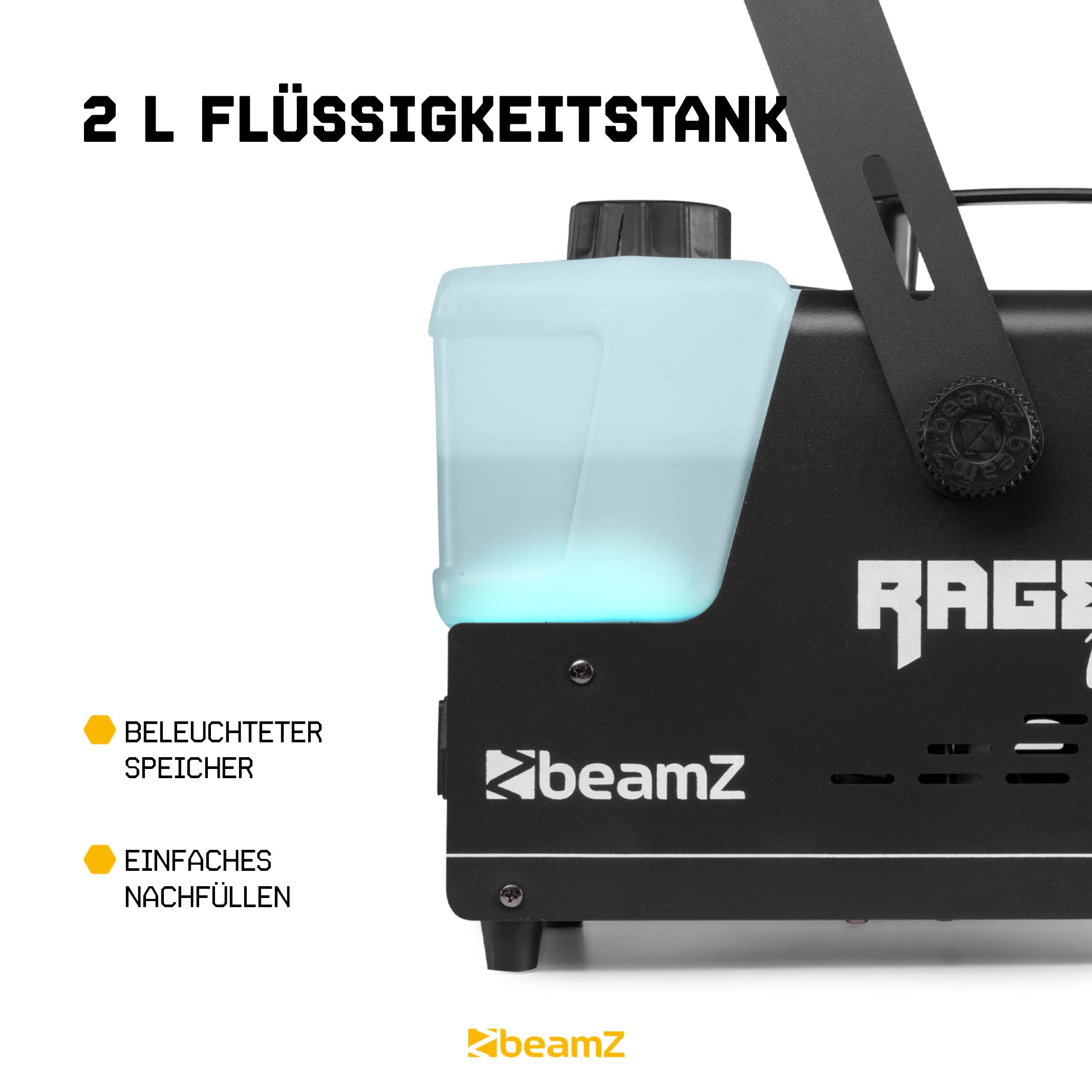 BeamZ RAGE1000LED Nebelmaschine DMX, 1000 Watt Fogger mit Fernbedienung, DMX Rauchmaschine mit Lichteffekt, Intervall Timer Fog Machine, Smoke Machine mit 2 Liter Tank, Partynebel