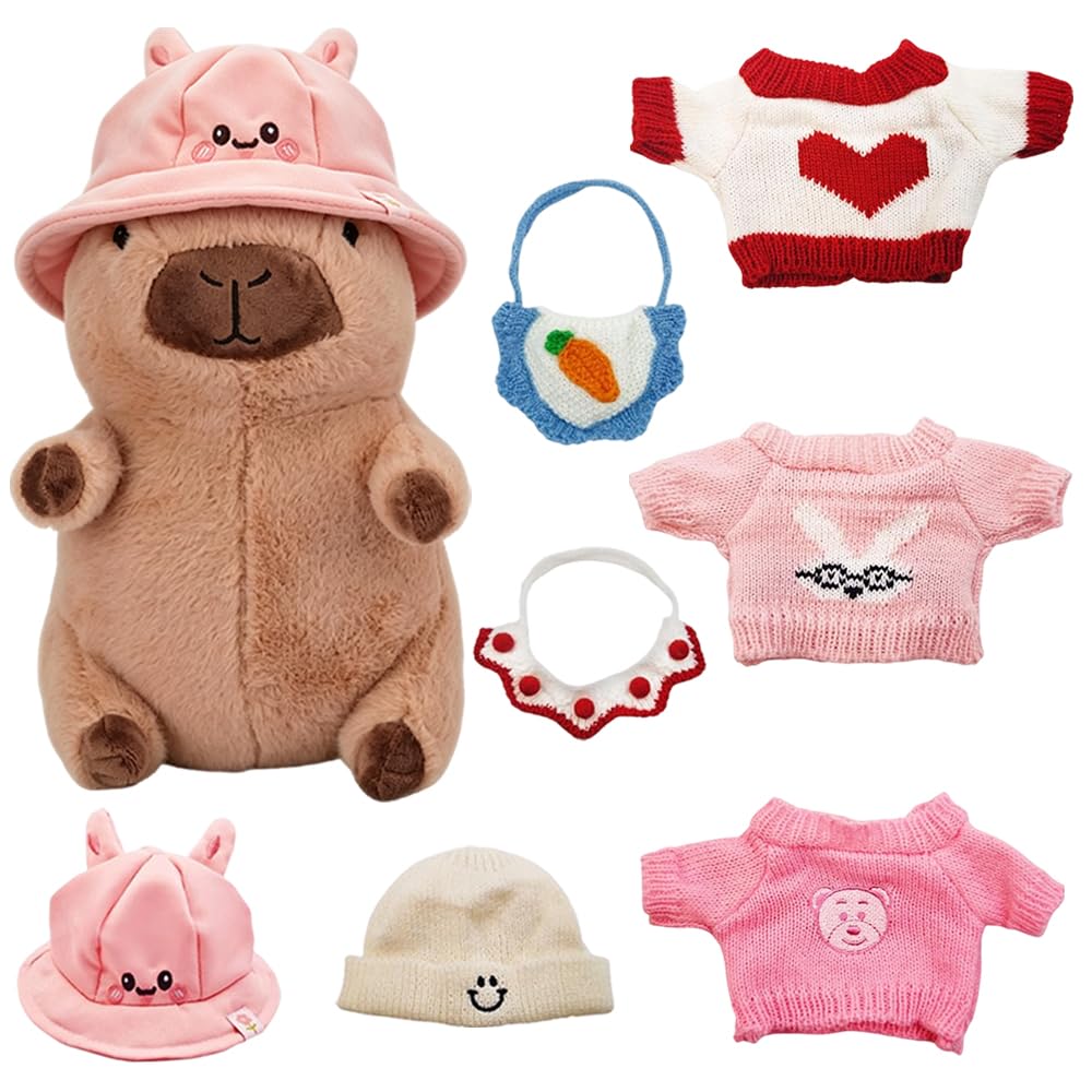 RNPKZ 25 cm Capybara Plush with Clothes Accessories, 8 PCS Capybara Stuffed Animal, Capybara Plush Toy, Cute Capybara Doll, Dress Up Capybaras Stuffed Animal PlushToys, Gift for Boys Girls