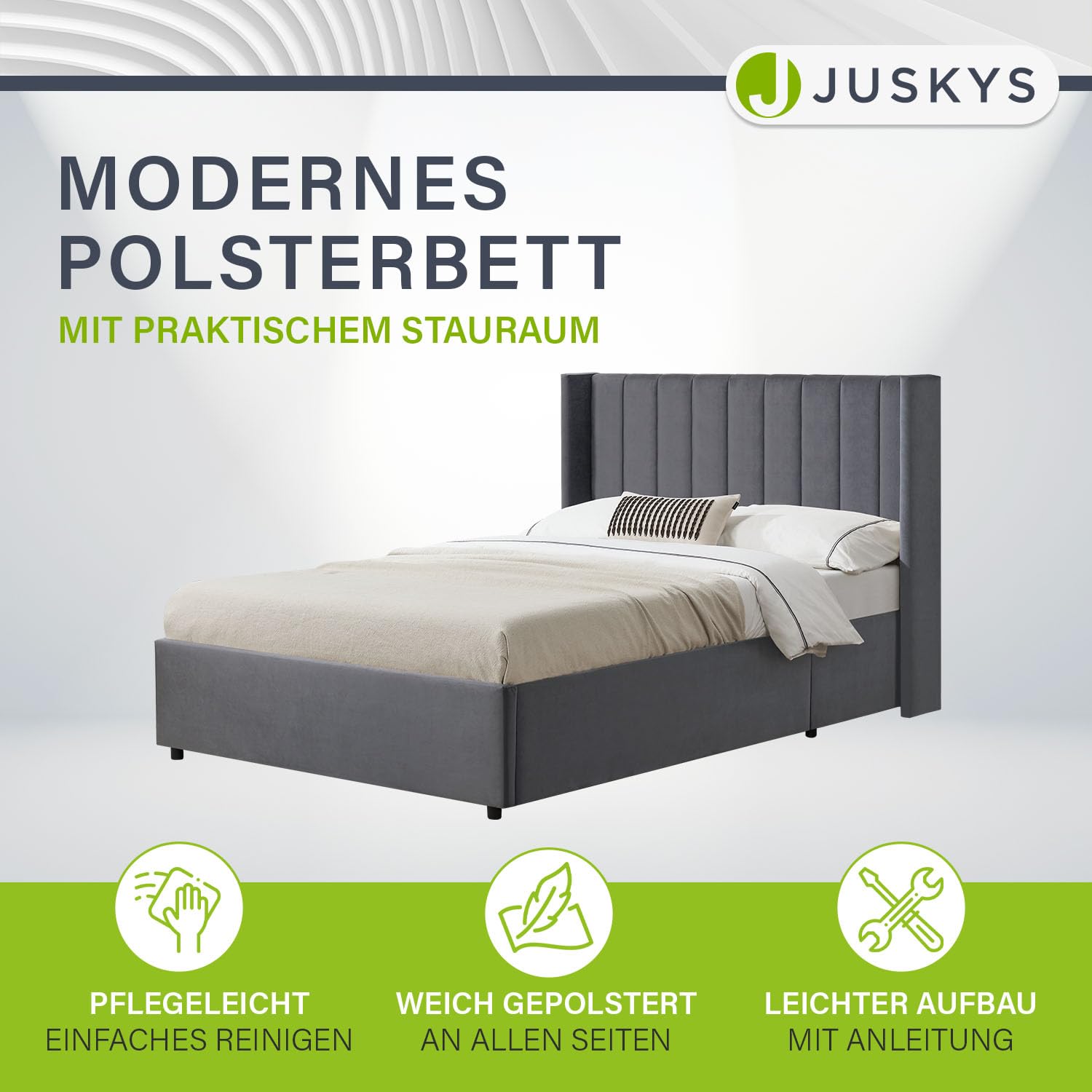Juskys Polsterbett Savona 140x200 cm mit Matratze, Bett mit Stauraum, Samt-Bezug, Bettgestell aus Holz, bis 250 kg, großes Kopfteil, Dunkelgrau