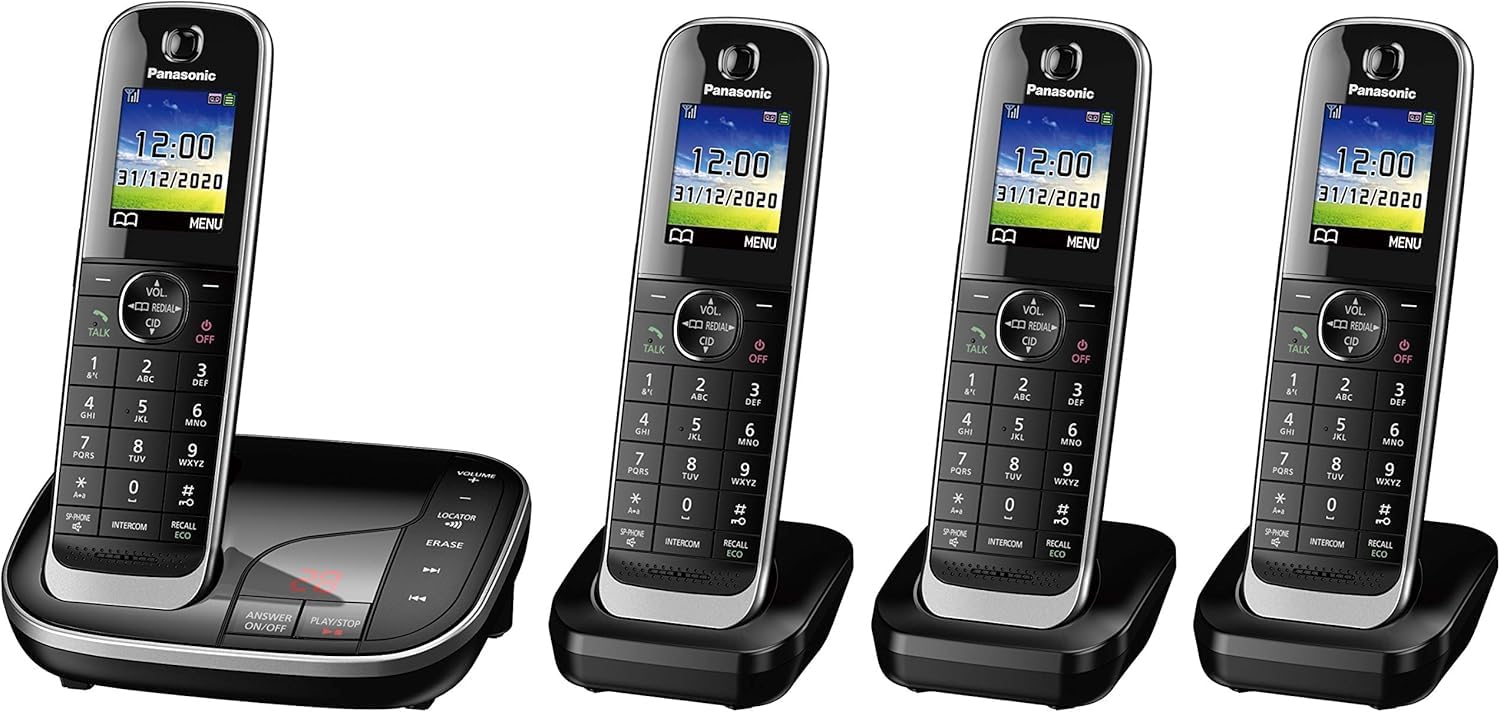PanasonicKX-TGJ324EB Landline Phone Cordless, House phones, Nuisance Call Blocker, Answer machine, Colour Display, Quad Handset - Black