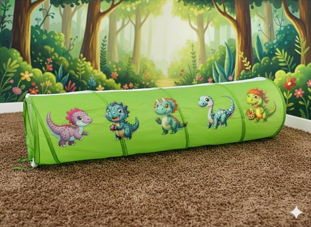 Play Tunnel for Toddlers 1-3 – 69'' X 18'' Polyester Baby Tunnel for Kids, See-Through Breathable Mesh, Ideal for Crawling, Peek-a-Boo and Hide-and-Seek (PLGPurple, 69'' X 18'', Happy Dinosaur)