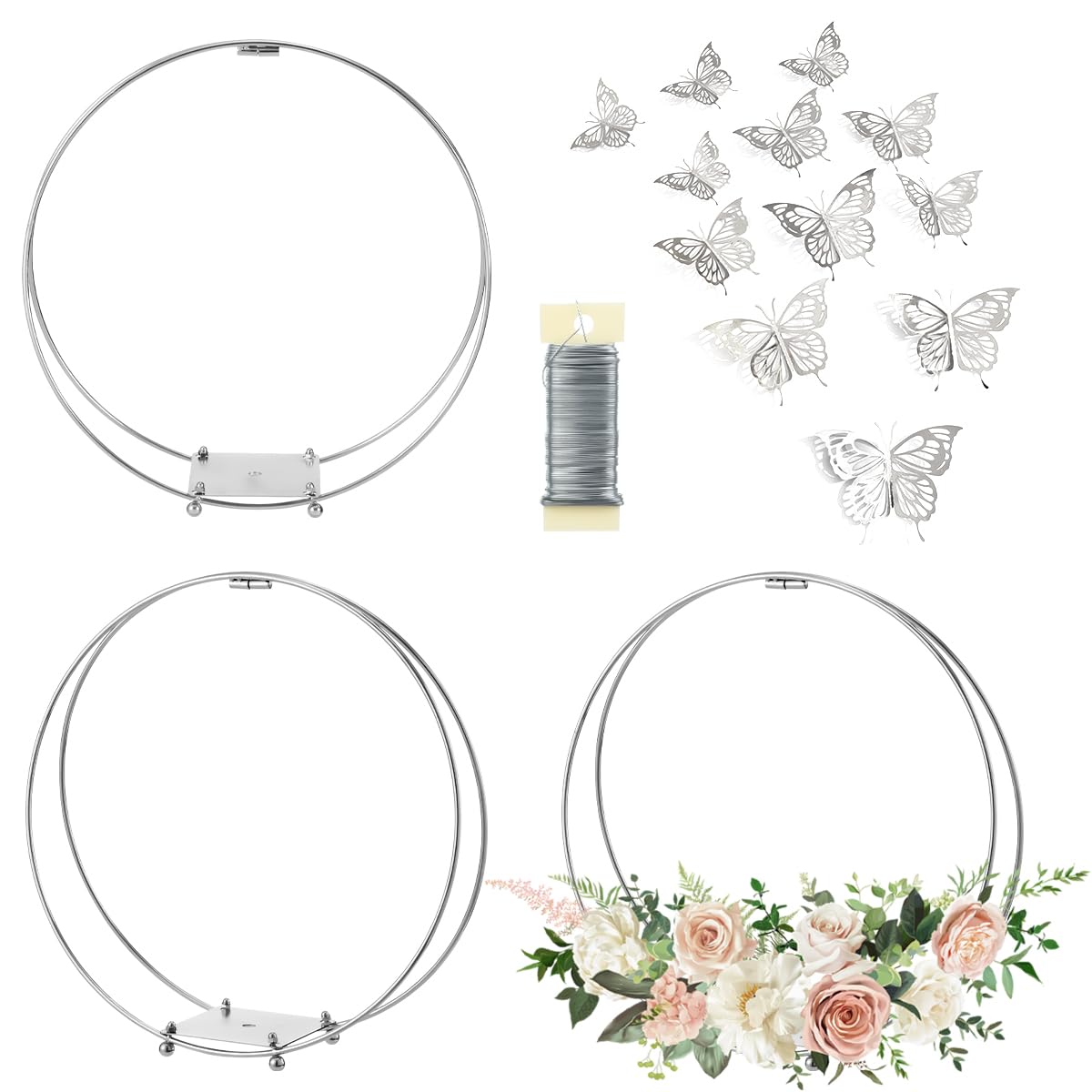 Photo 1 of 3 Pack 18 Inches Metal Floral Hoop Centerpieces with Stand and 38-Yard Paddle Wire Craft Centerpiece Table Decorations Wedding/Baptism/Party/Centerpiece for Tables DIY Metal Ring Table Décor, Silver Silver 18 Inches