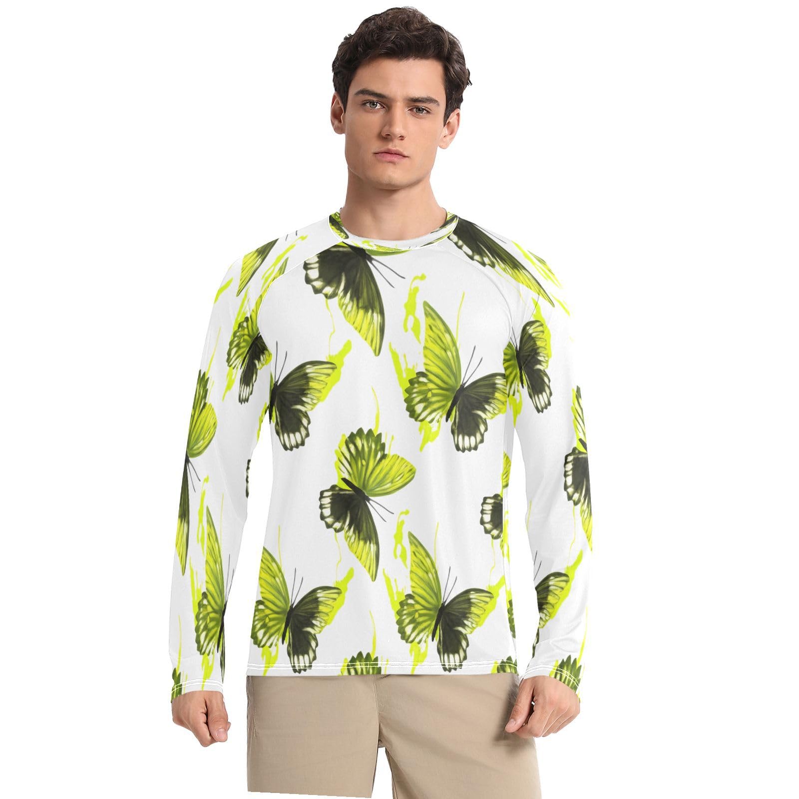 Yellow Black Butterflies Men's Sun Protection Shirts UPF 50+ Long Sleeve UV Rash Guard Quick Dry Swim Shirts-image-14