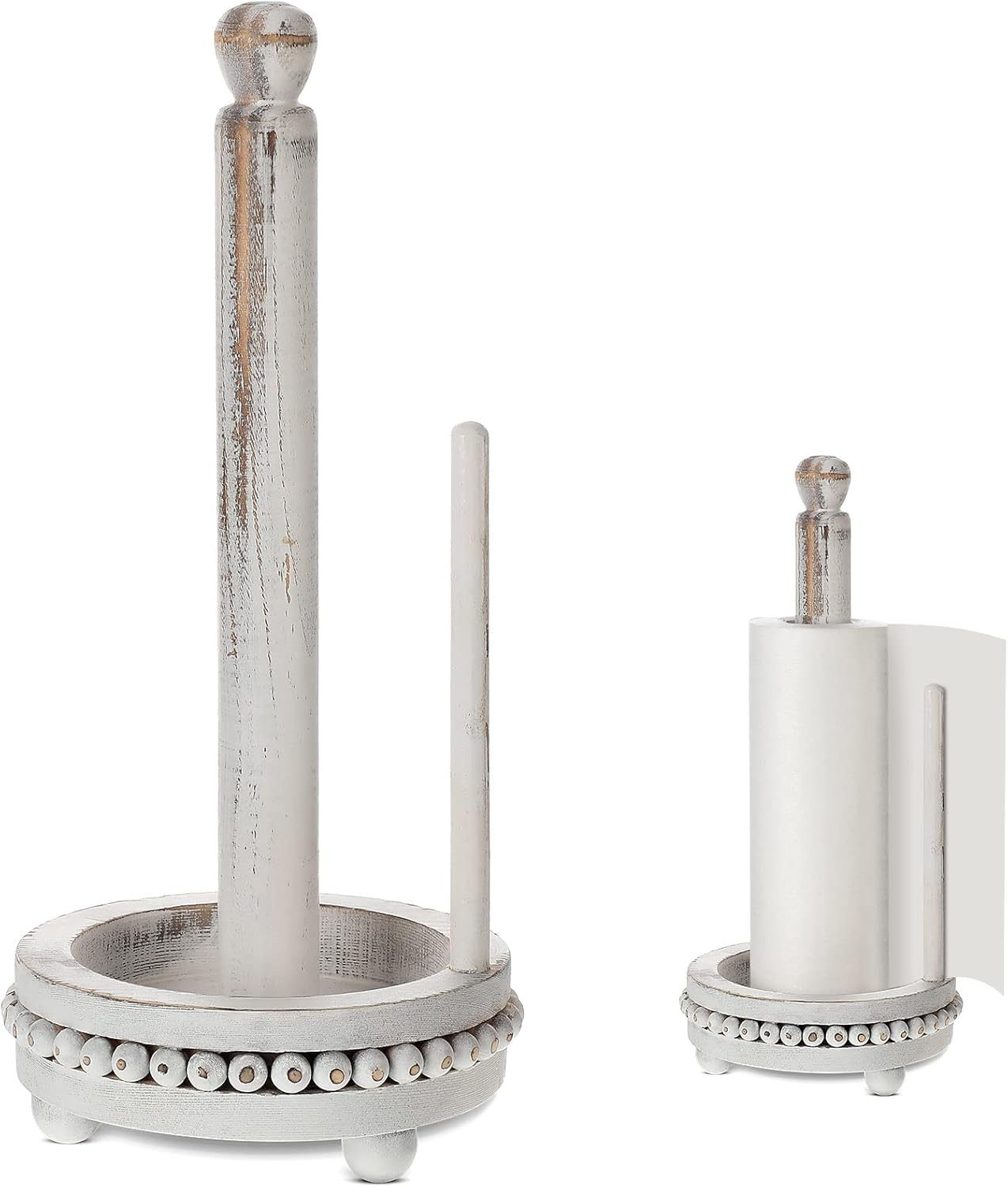 White Farmhouse Paper Towel Holders Wood Rustic Beaded Paper Towel Holders 14.6" x 7.5" Washed Stand Dispenser Rack for Kitchen Bathroom Dining Toilet Countertop Decor
