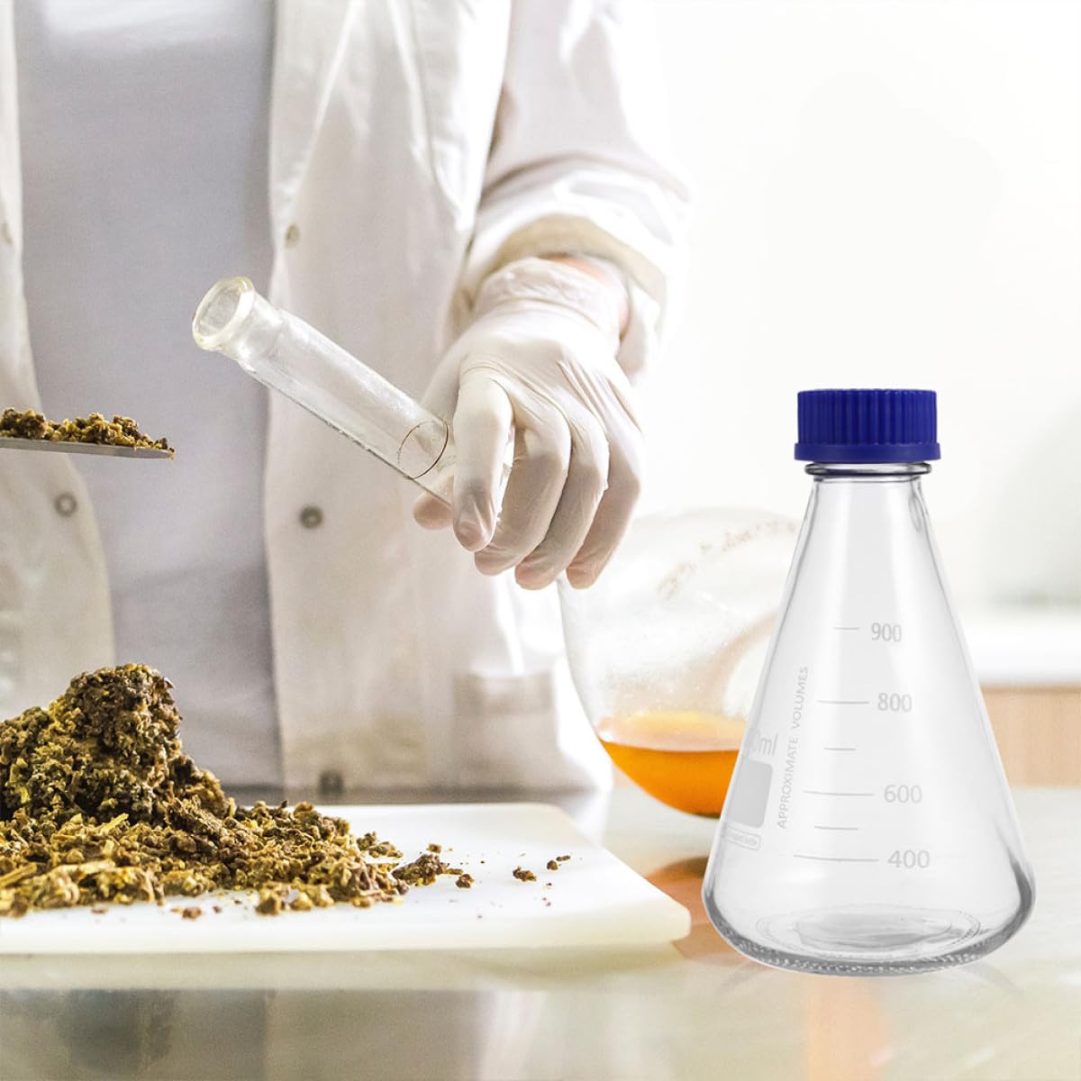 BETOOKY 2 Bottiglie Beuta Conica da Laboratorio 1000ml in Vetro Tappo Blu e Scala Graduata, Fiasche per Esperimenti Chimici per Uso Professionale e Scolastico, Strumenti Scientifici