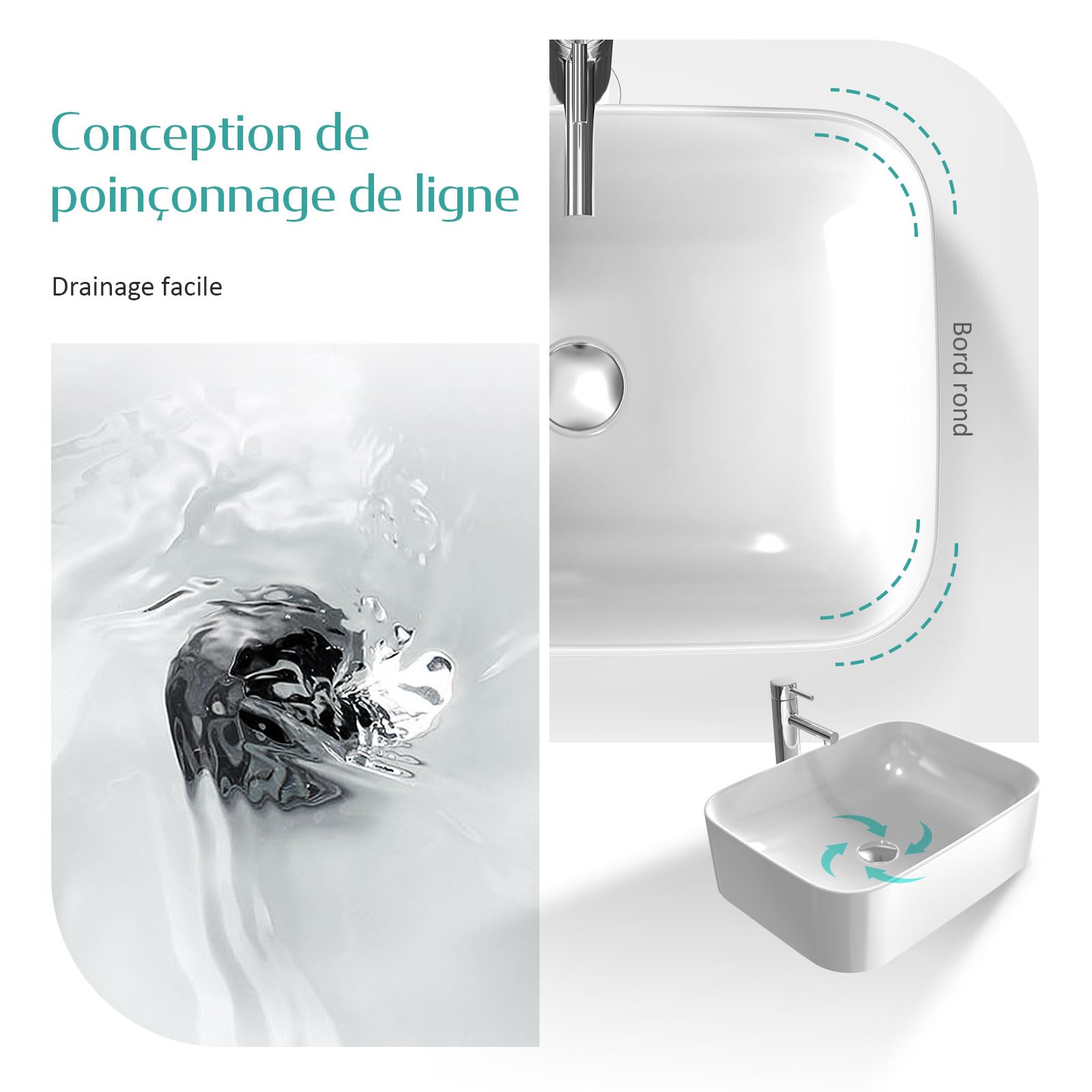 EMKE Lavabo à Poser Rectangulaire 61 × 38 × 15 cm, Vasque pour WC Invités, Bassin à poser en céramique pour lavabo, lavabo de salle de bain,Blanc
