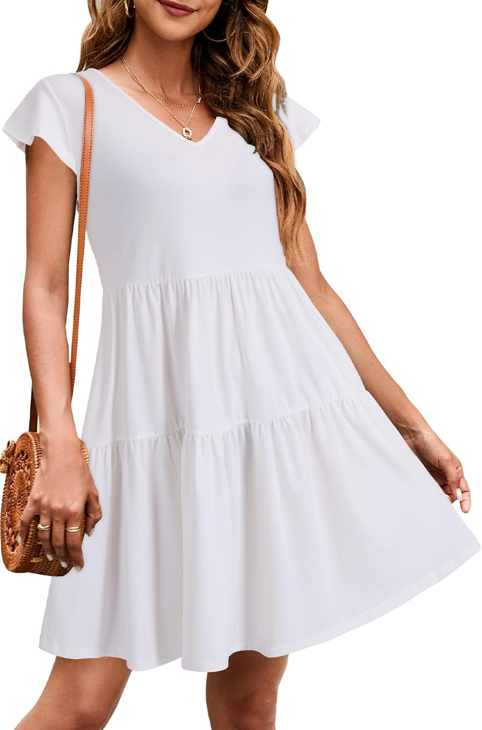 ULTRANICE Summer Sun Dresses for Women 2023 Casual Trendy V Neck Polka Dot Ruffle Mini Dress